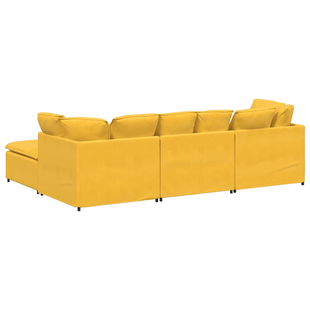 Sofá modular c/ pufes almofadas tecido corduroy amarelo-claro