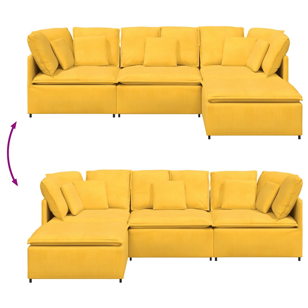 Sofá modular c/ pufes almofadas tecido corduroy amarelo-claro