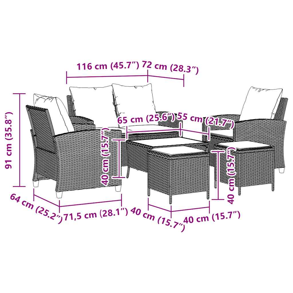 6 pcs conjunto de sofás p/ jardim com almofadões vime PE bege