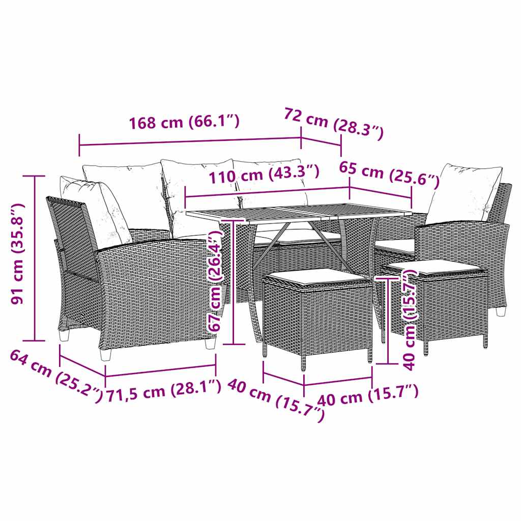 6 pcs conjunto de sofás p/ jardim com almofadões vime PE bege
