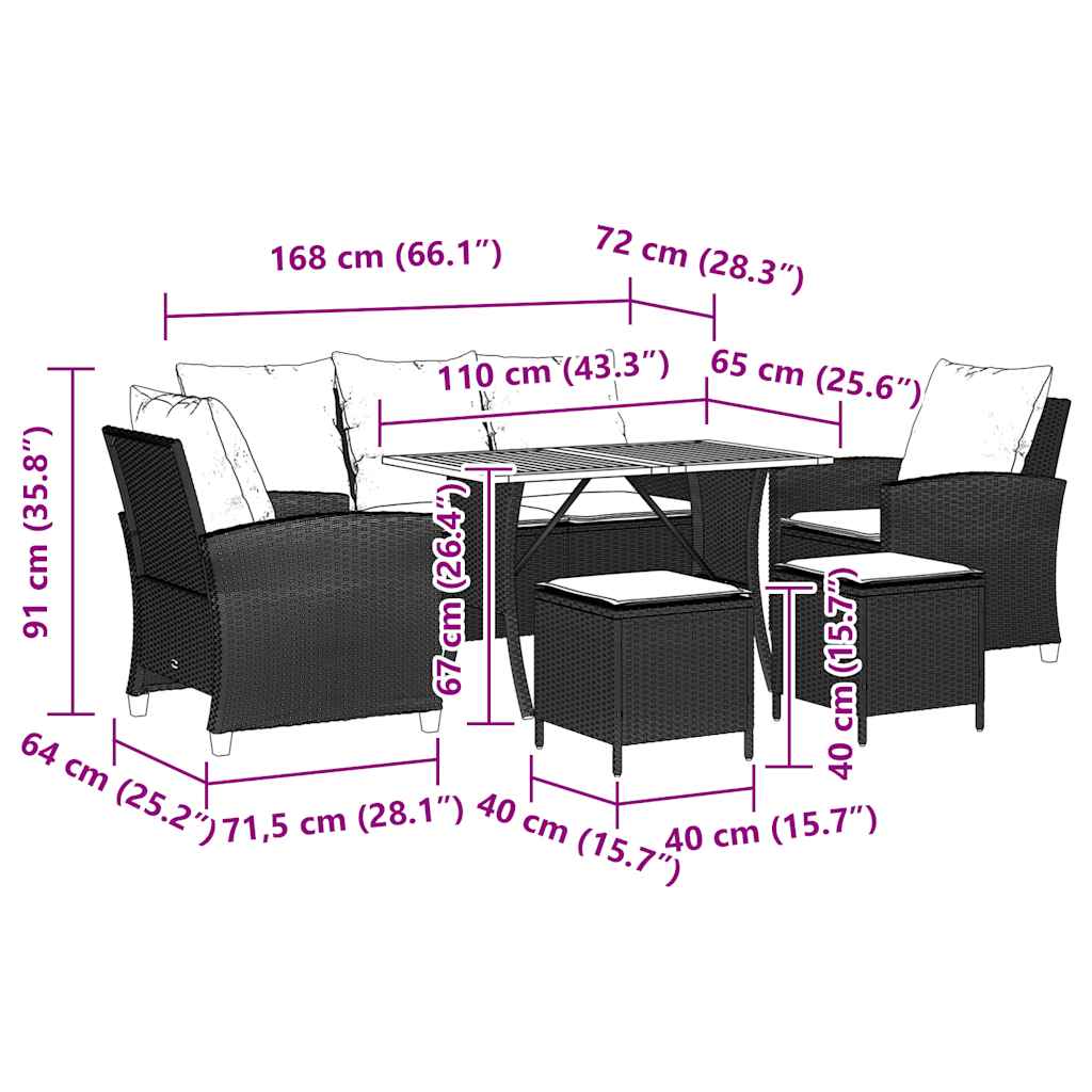 6 pcs conj. sofás jardim com almofadões vime PE cinzento-claro