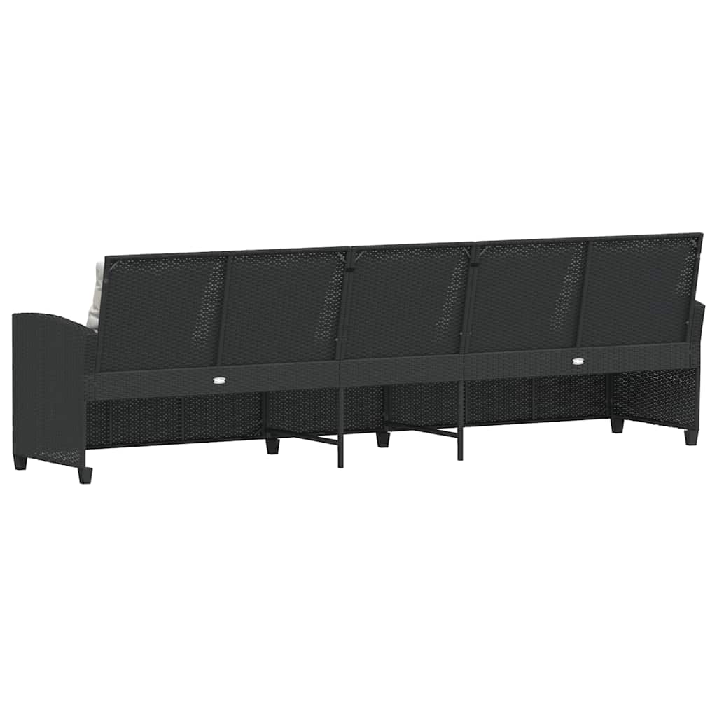Sofá de jardim 5 lugares com almofadões vime PE preto