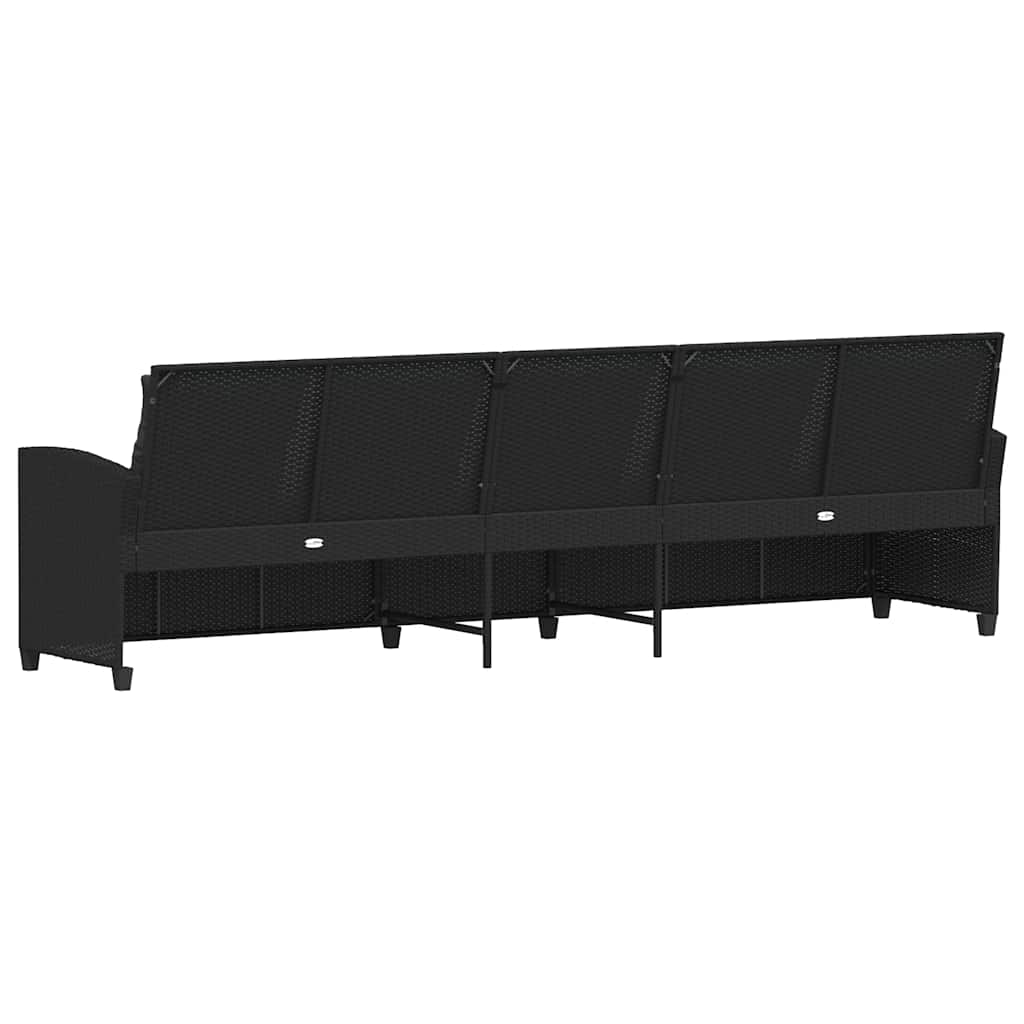 Sofá de jardim 5 lugares com almofadões vime PE preto