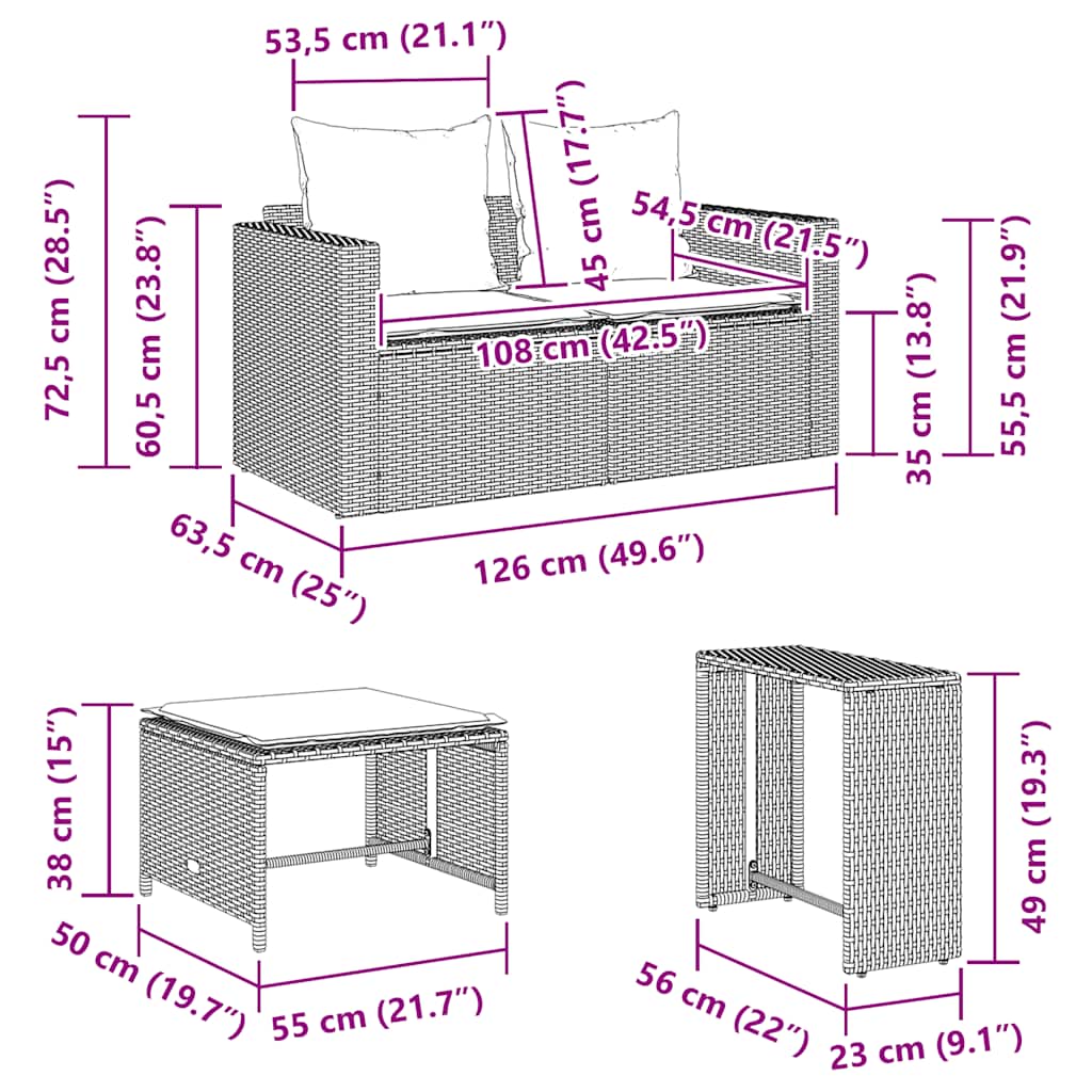 5 pcs conjunto sofás de jardim c/ almofadões empilhável vime PE
