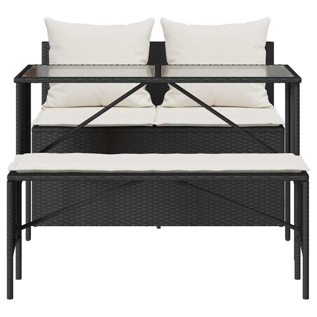 3 pcs conjunto de jantar p/ jardim c/ almofadões vime PE preto