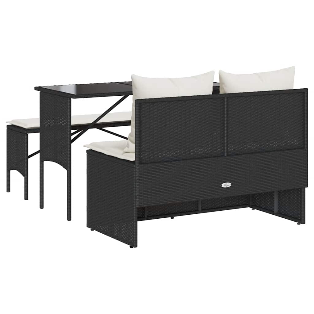 3 pcs conjunto de jantar p/ jardim c/ almofadões vime PE preto