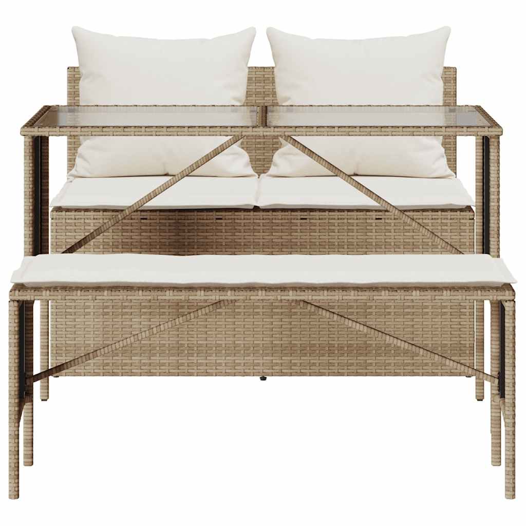 3 pcs conjunto de jantar p/ jardim com almofadões vime PE bege