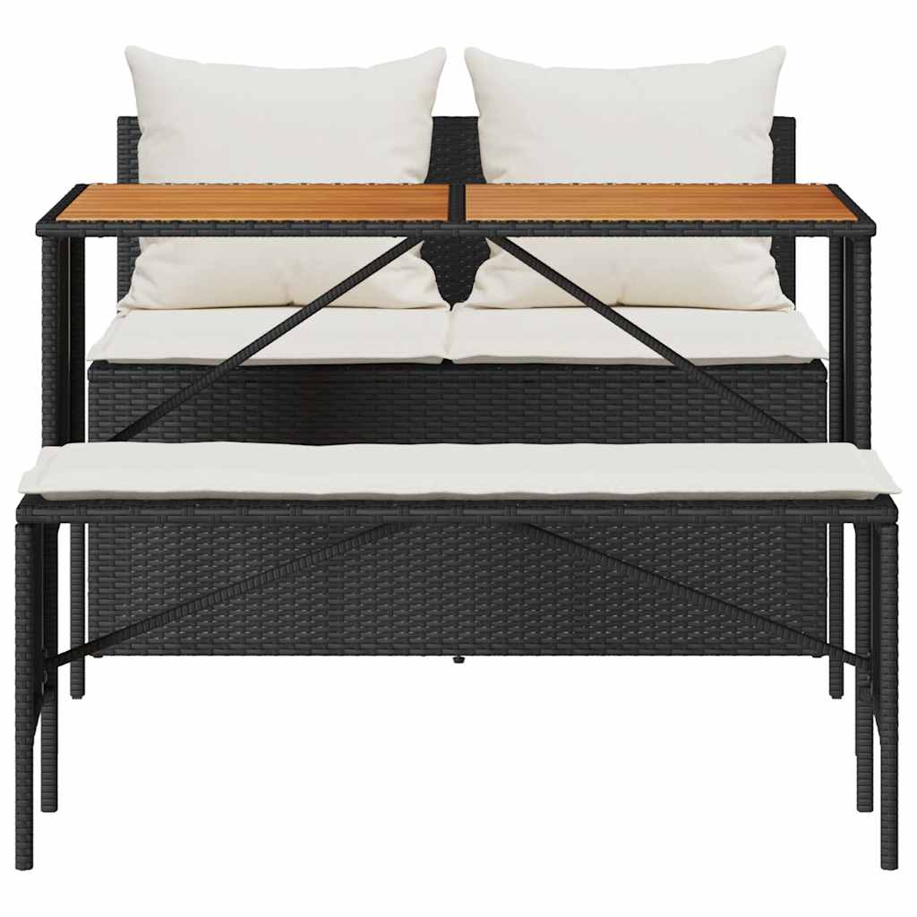 3 pcs conjunto de jantar p/ jardim c/ almofadões vime PE preto