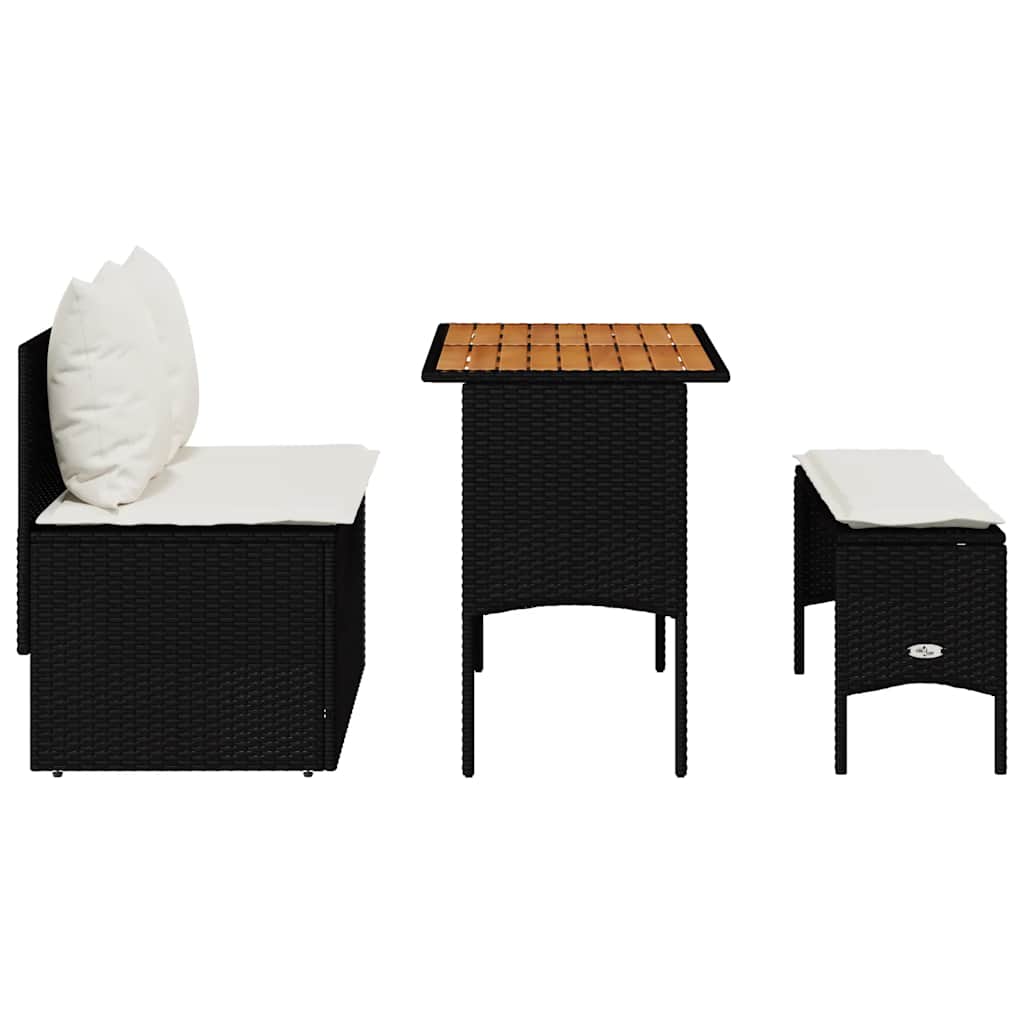 3 pcs conjunto de jantar p/ jardim c/ almofadões vime PE preto