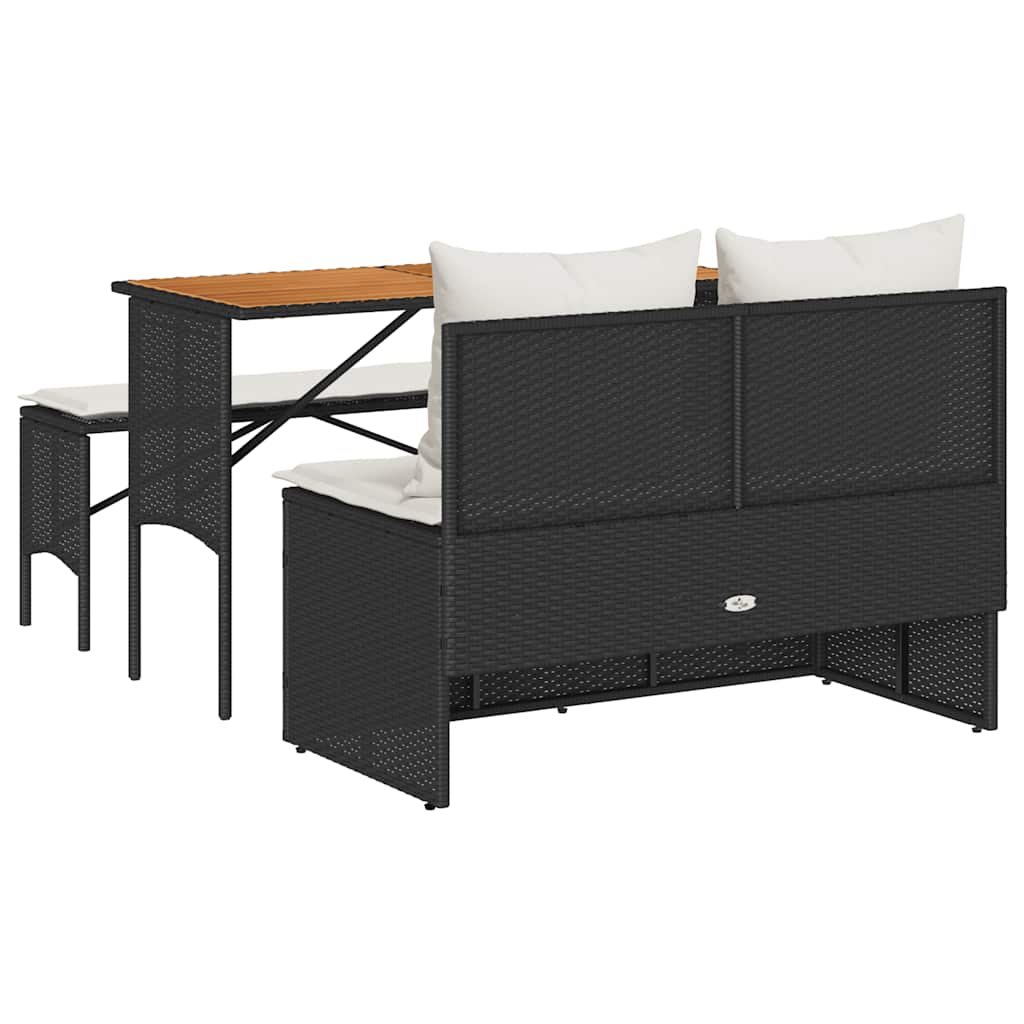 3 pcs conjunto de jantar p/ jardim c/ almofadões vime PE preto