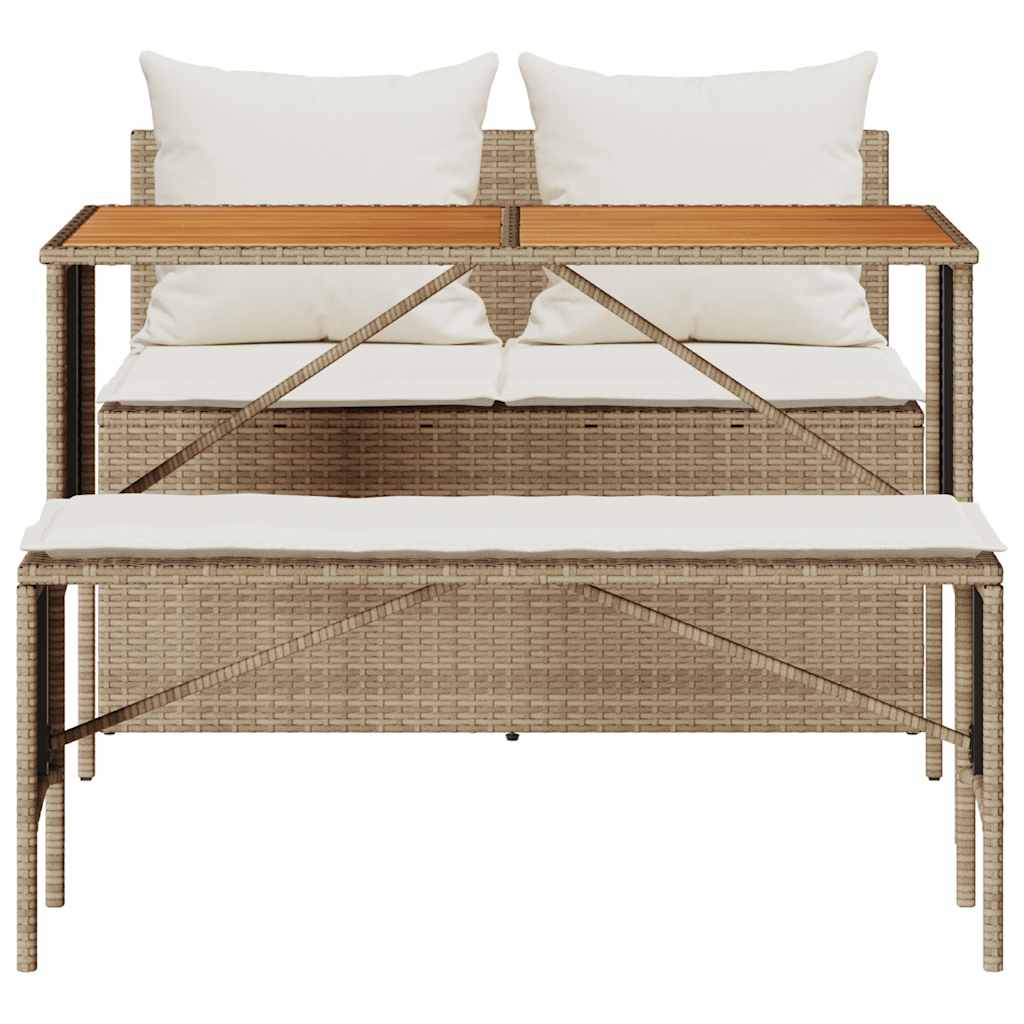 3 pcs conjunto de jantar p/ jardim com almofadões vime PE bege