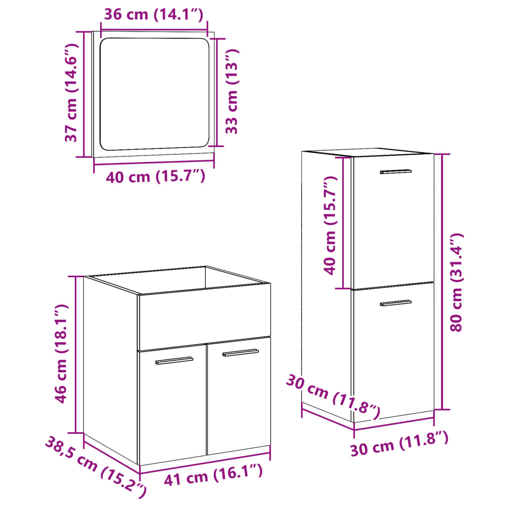 3 pcs conj. móveis casa banho derivados madeira cinza cimento