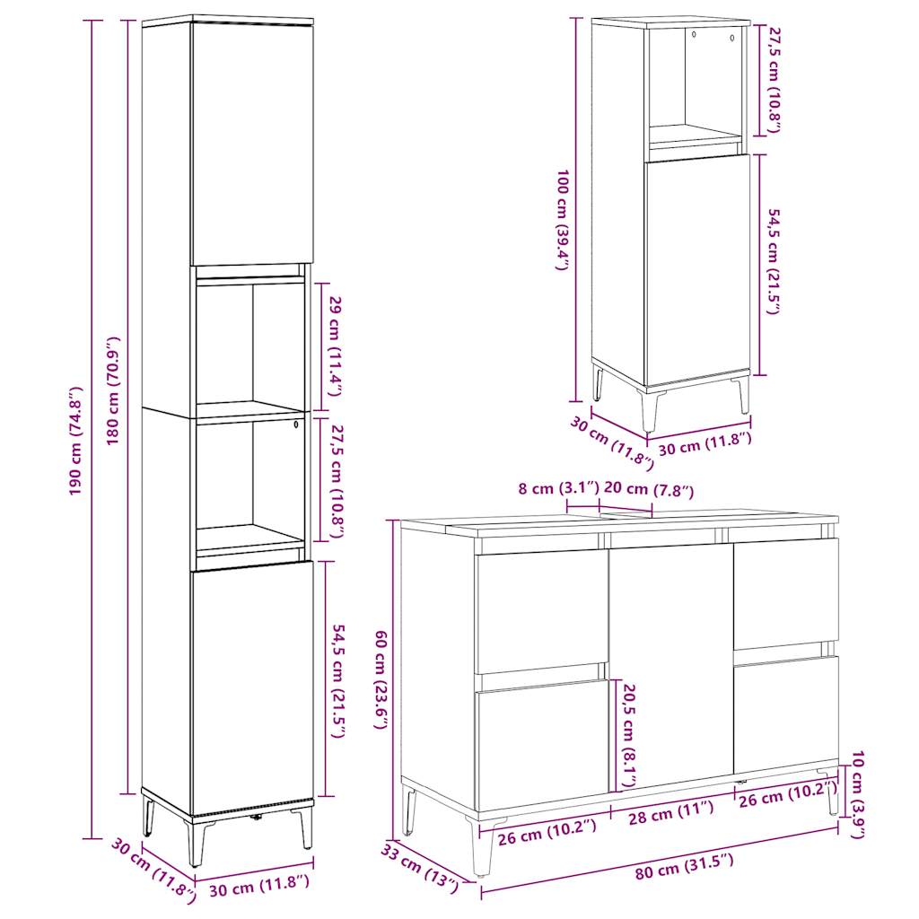 3 pcs conj. móveis casa banho derivados madeira cinza cimento