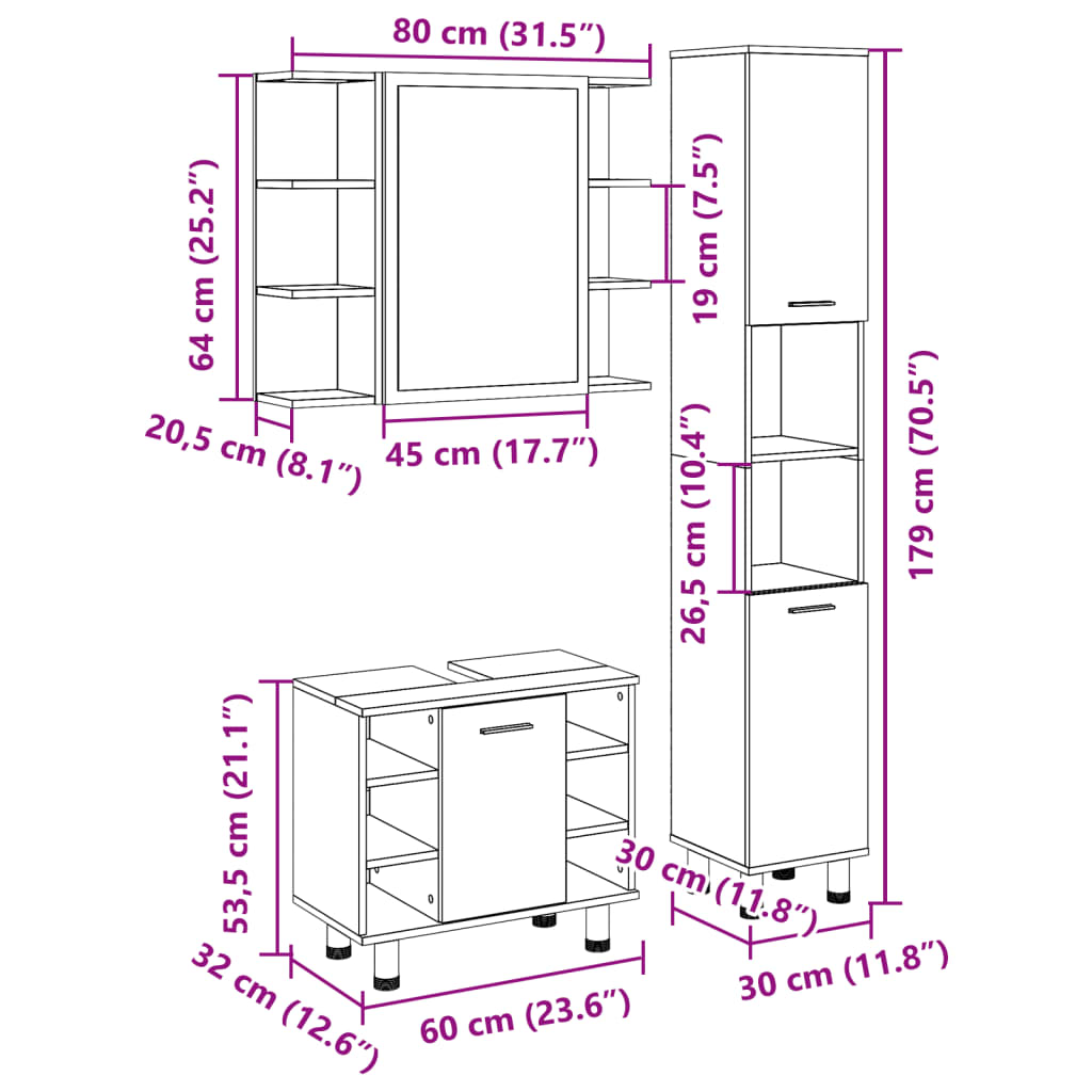 3 pcs conj. móveis casa banho derivados madeira carvalho sonoma