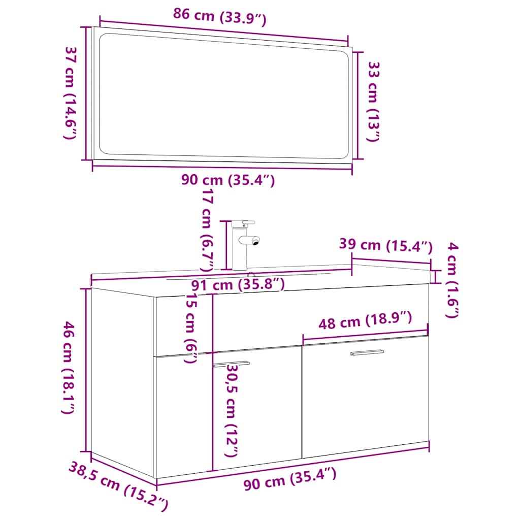 3 pcs conj. móveis casa banho derivados madeira carvalho sonoma