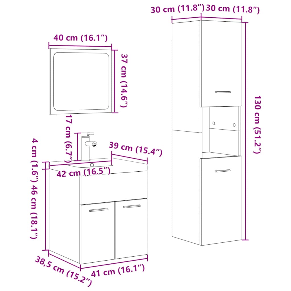 4 pcs conj. móveis casa banho derivados madeira carvalho sonoma