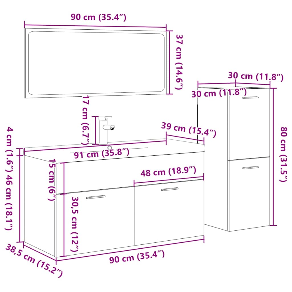 4 pcs conj. móveis casa banho derivados madeira carvalho sonoma
