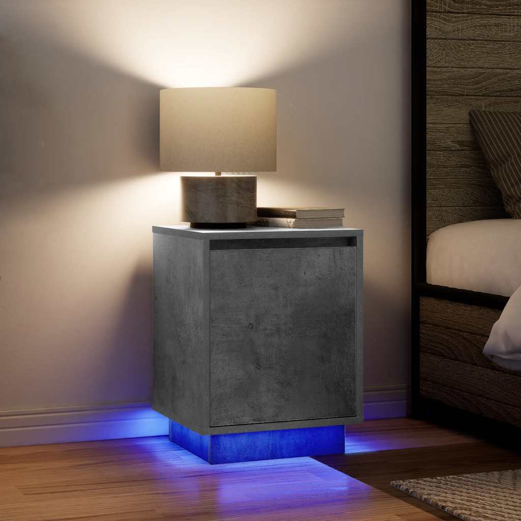 Mesa de cabeceira com luzes LED 38x34x50 cm cinzento-cimento