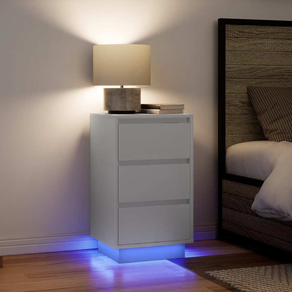 Mesa de cabeceira com luzes LED 38x34x65 cm branco