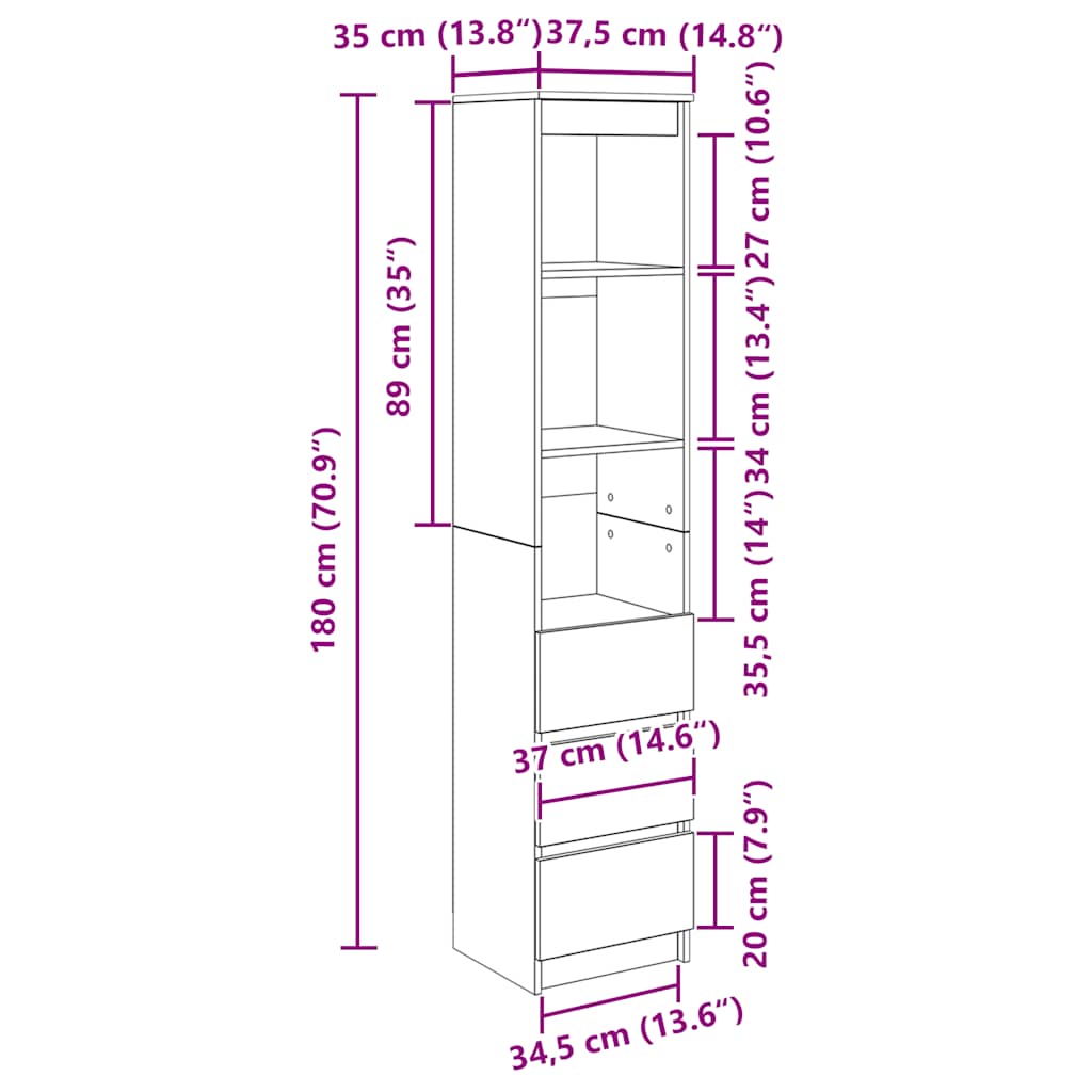 Aparador alto 37,5x35x180cm derivados de madeira carvalho preto