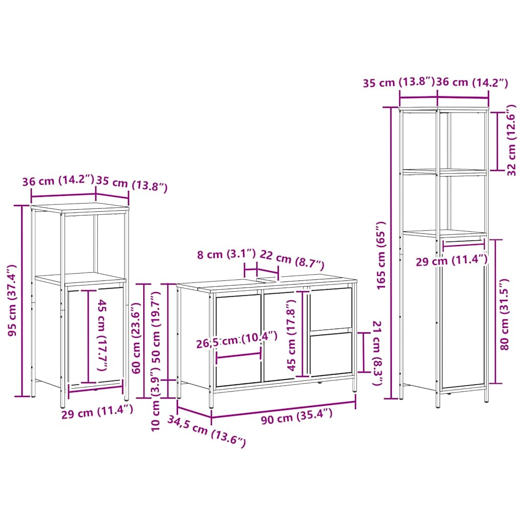 Conjunto de Móveis para Banheiro 3 pcs Cinza sonoma e Preto