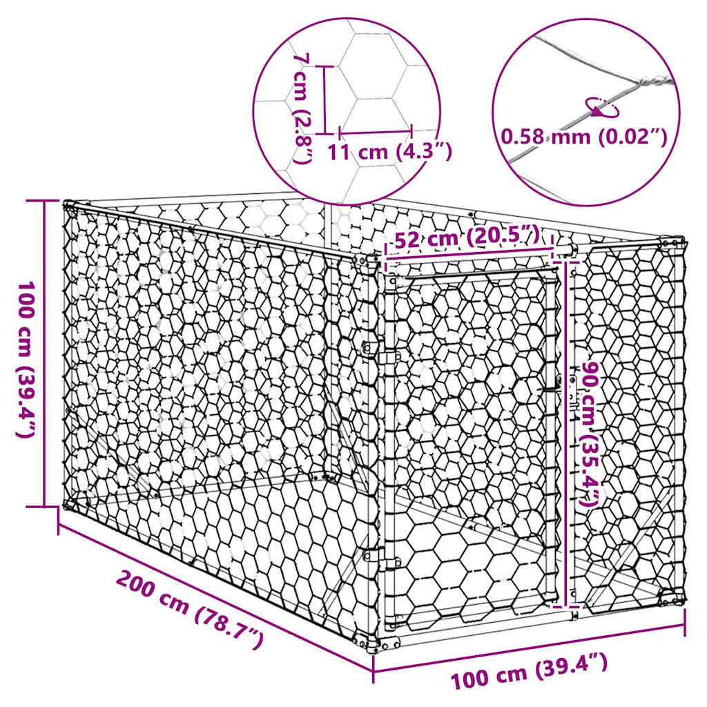 Canil para cães ao ar livre com porta 2x1x1 m aço galvanizado