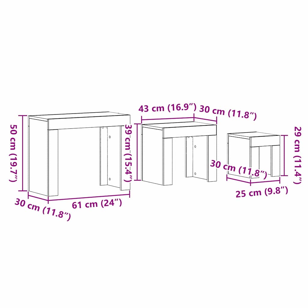 Mesa de Ninho 3 pcs Carvalho preto 61 x 30 x 50 cm