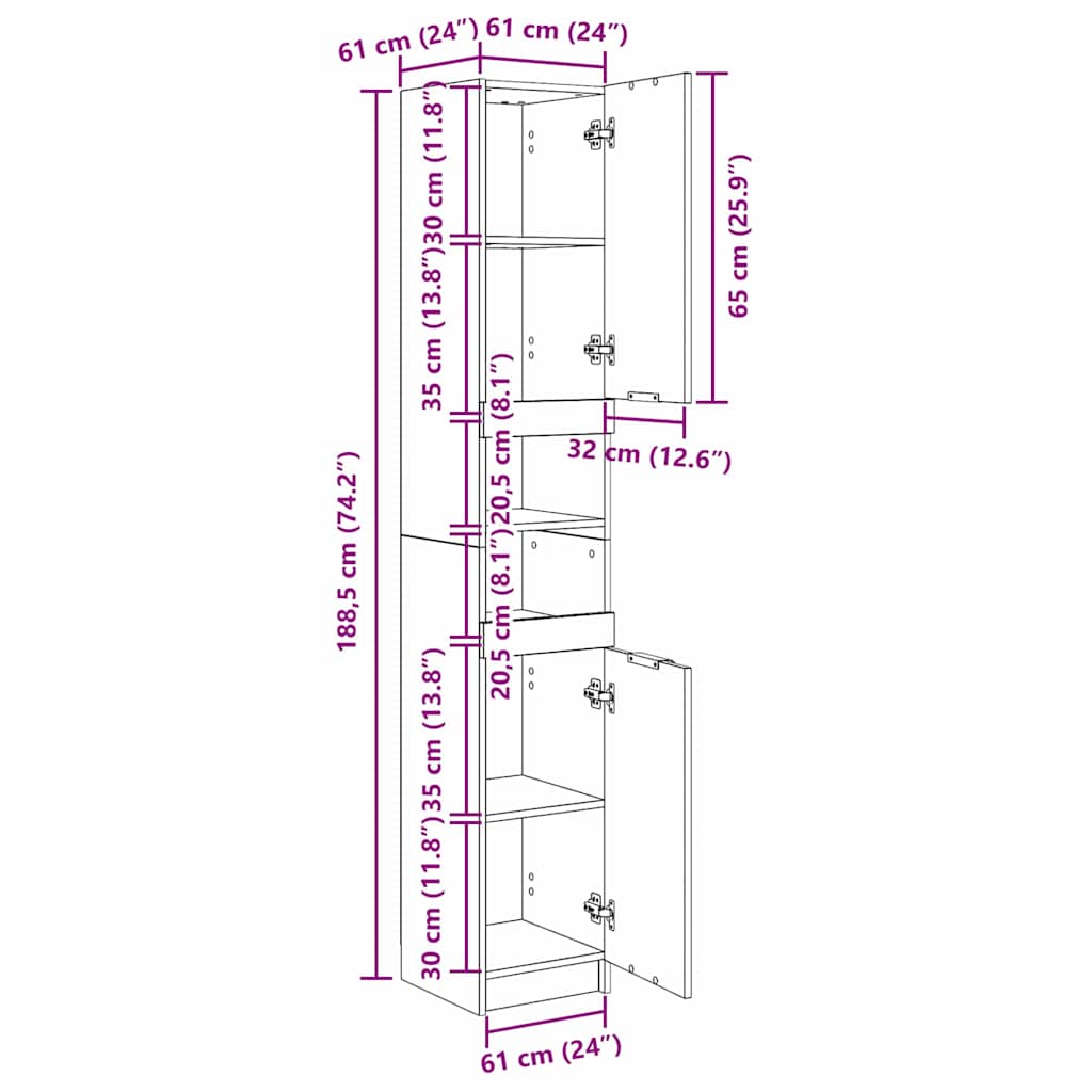 Armário de Banheiro com porta Carvalho preto 61 x 61 x 188,5 cm