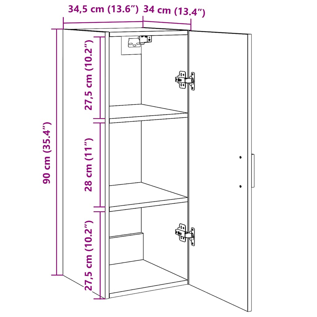 Armário de parede carvalho preto 34,5x34x90 cm madeira projetada