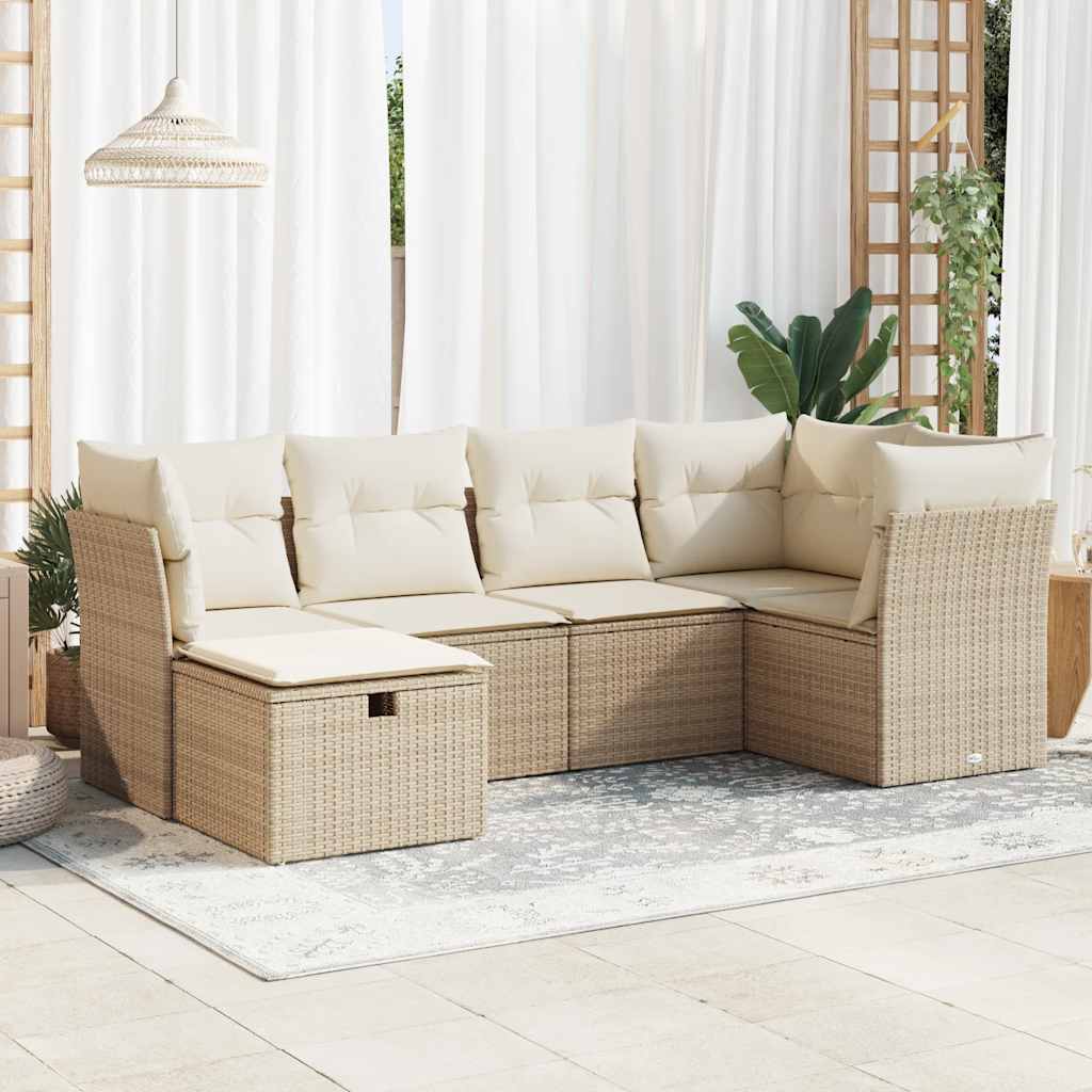 6 pcs conjunto de sofás p/ jardim com almofadões vime PE bege