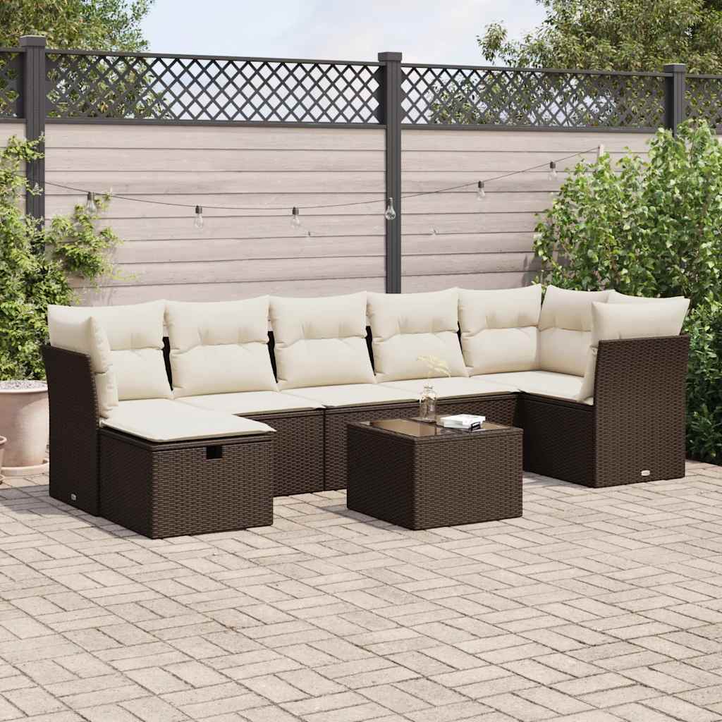 8 pcs conjunto sofás de jardim c/ almofadões vime PE castanho