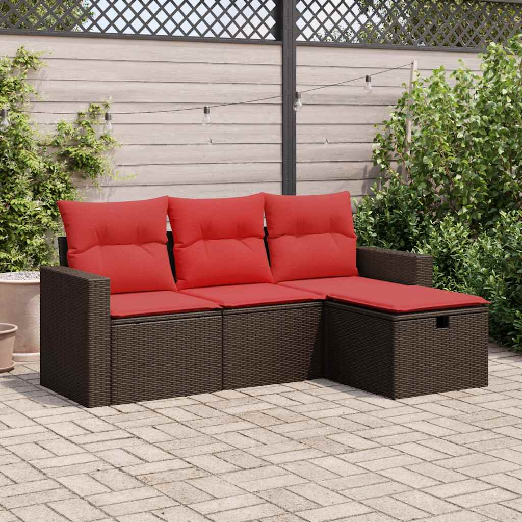 4 pcs conjunto sofás de jardim c/ almofadões vime PE castanho