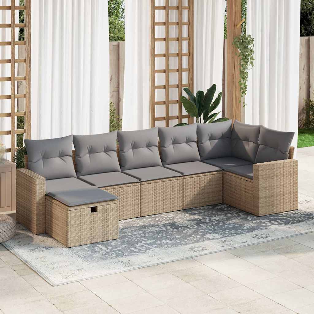 7 pcs conjunto de sofás p/ jardim com almofadões vime PE bege