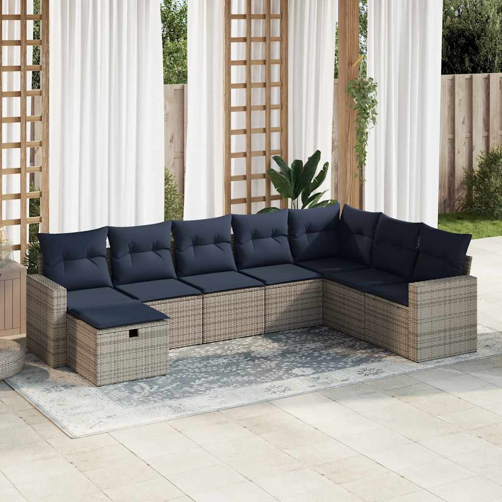 8 pcs conjunto sofás de jardim c/ almofadões vime PE cinzento