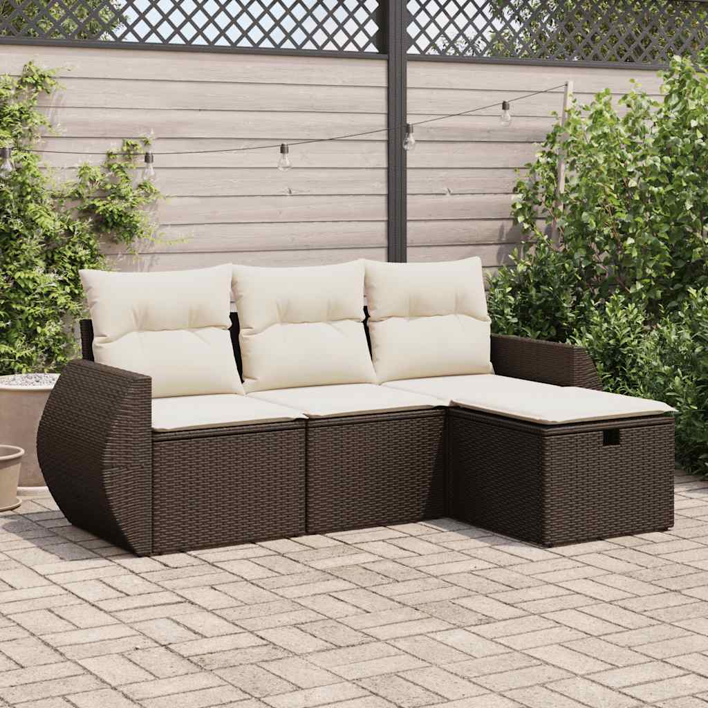 4 pcs conjunto sofás de jardim c/ almofadões vime PE castanho