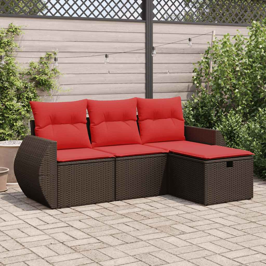 4 pcs conjunto sofás de jardim c/ almofadões vime PE castanho