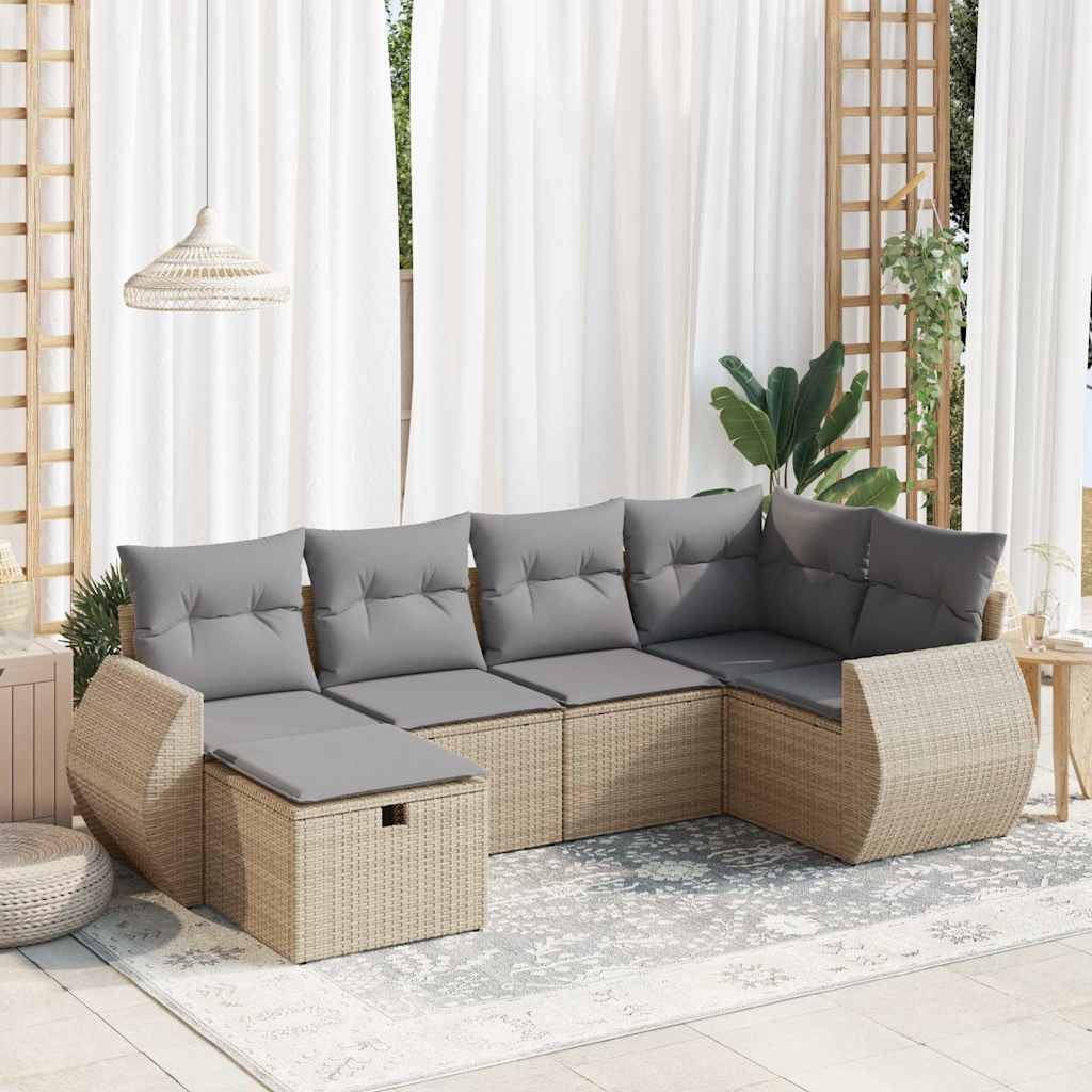 6 pcs conjunto de sofás p/ jardim com almofadões vime PE bege