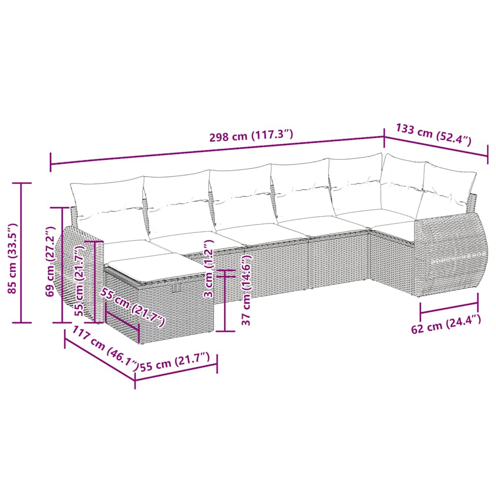 7 pcs conjunto sofás p/ jardim c/ almofadões vime PE cinzento