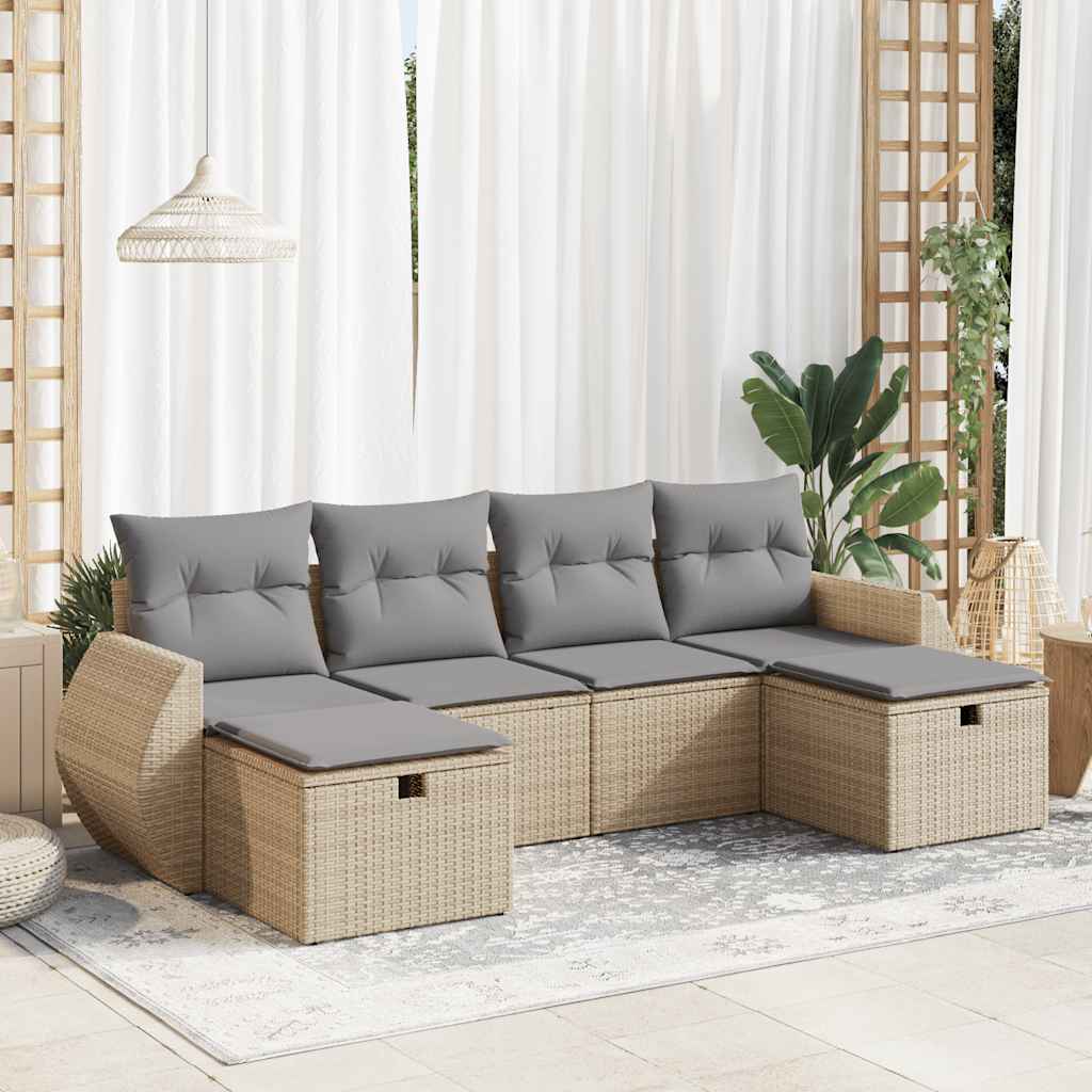 6 pcs conjunto de sofás p/ jardim com almofadões vime PE bege