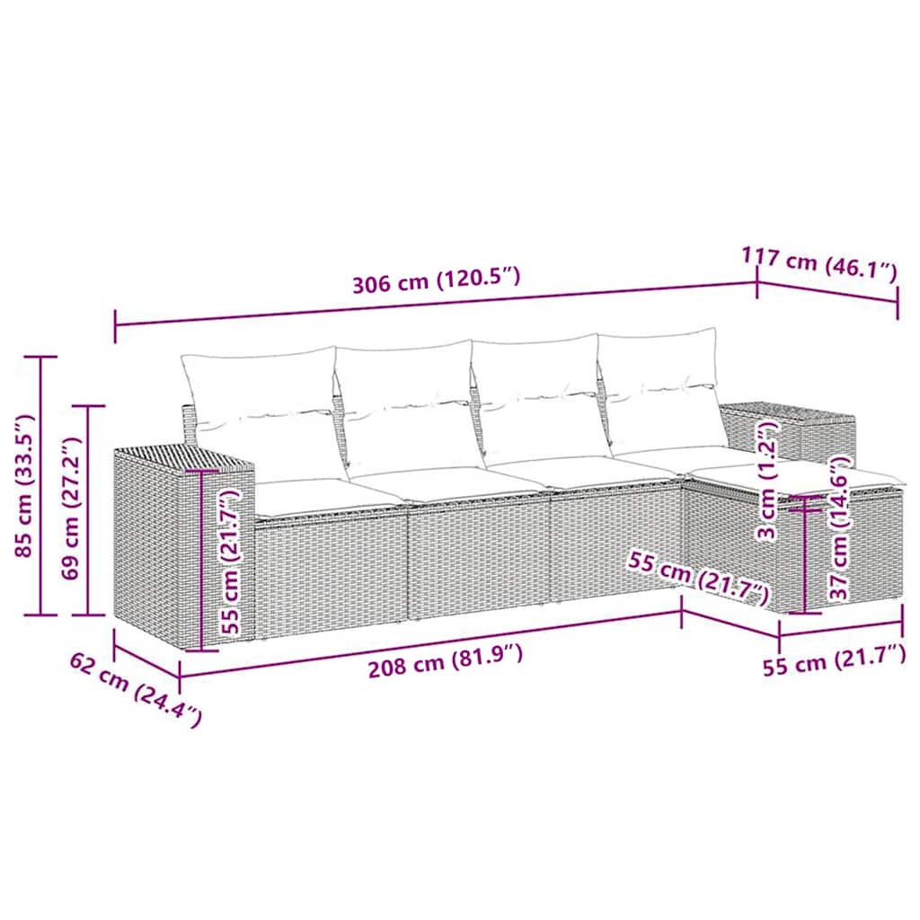 5 pcs conjunto sofás de jardim c/ almofadões vime PE cinzento
