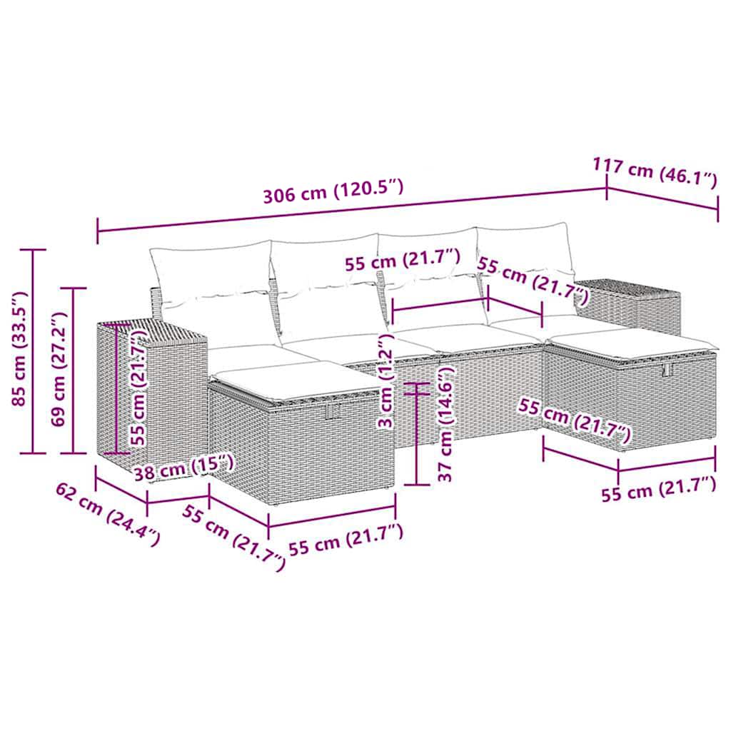 6 pcs conjunto de sofás jardim c/ almofadões vime PE castanho