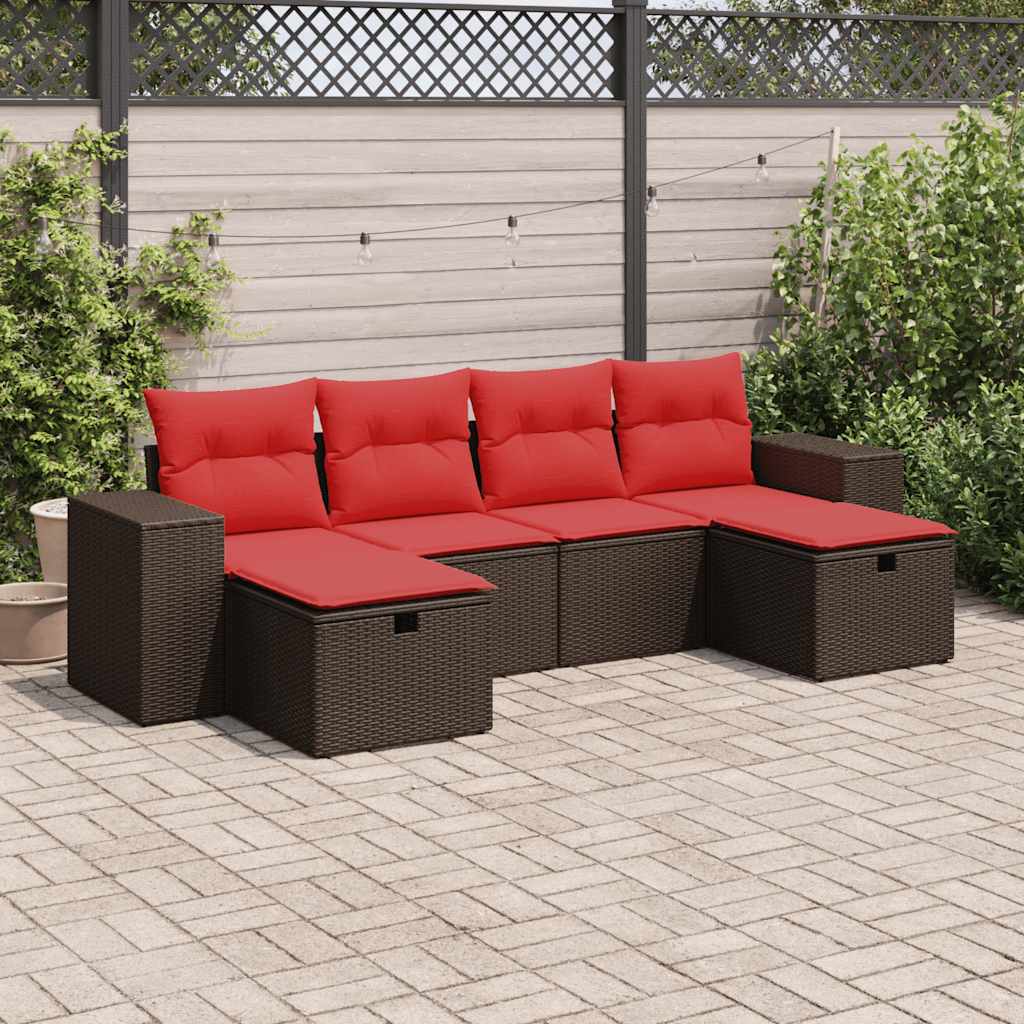 6 pcs conjunto de sofás jardim c/ almofadões vime PE castanho