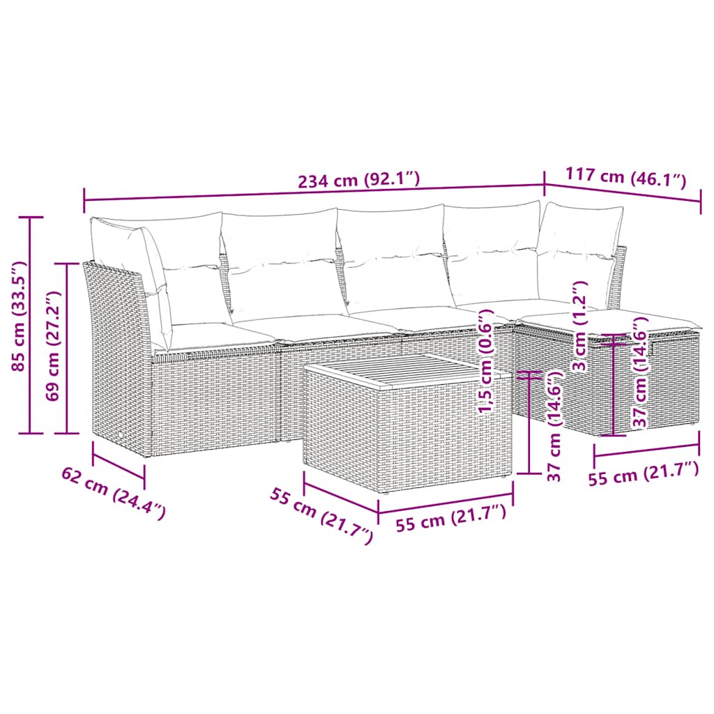 6 pcs conjunto de sofás p/ jardim com almofadões vime PE bege