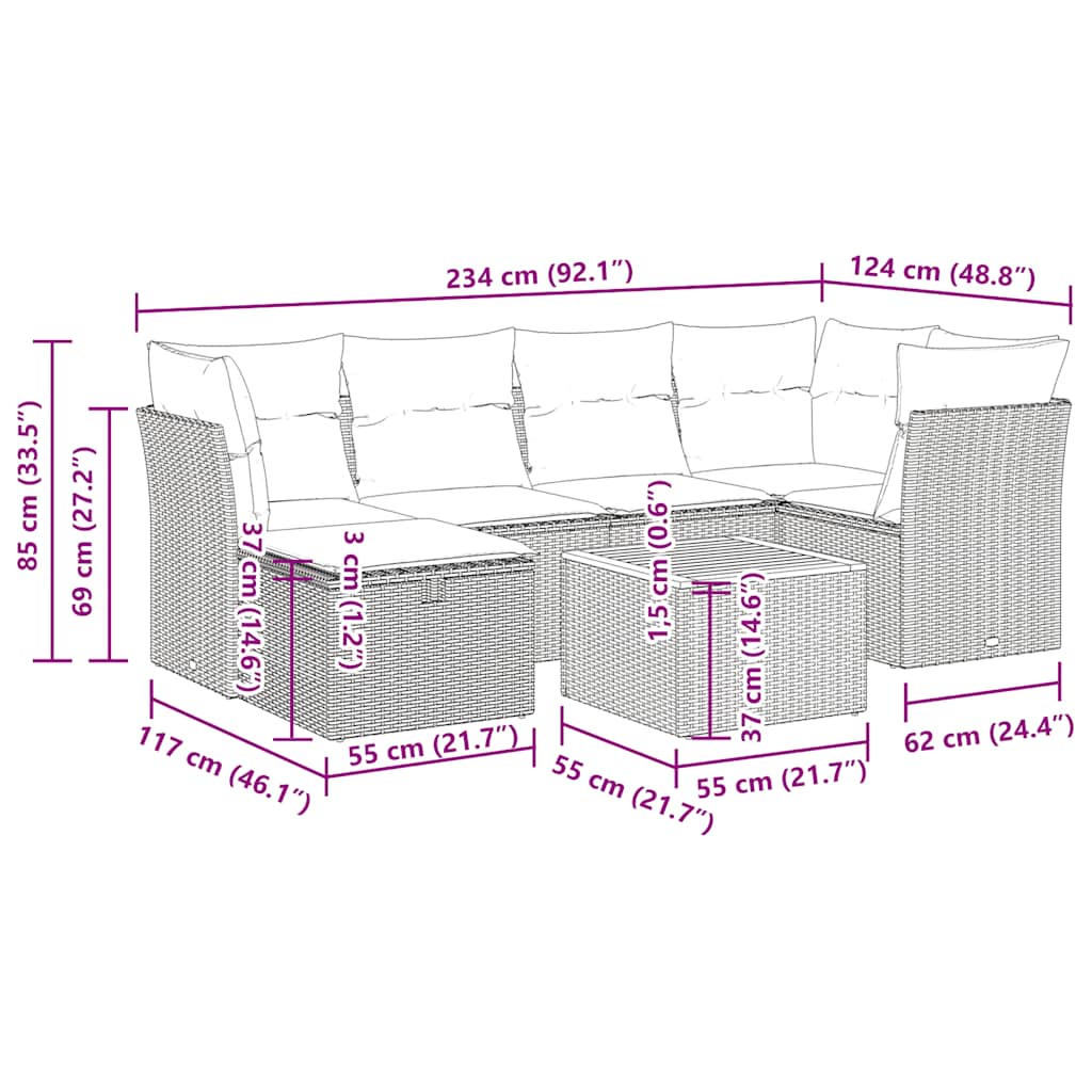 7 pcs conjunto de sofás p/ jardim c/ almofadões vime PE preto
