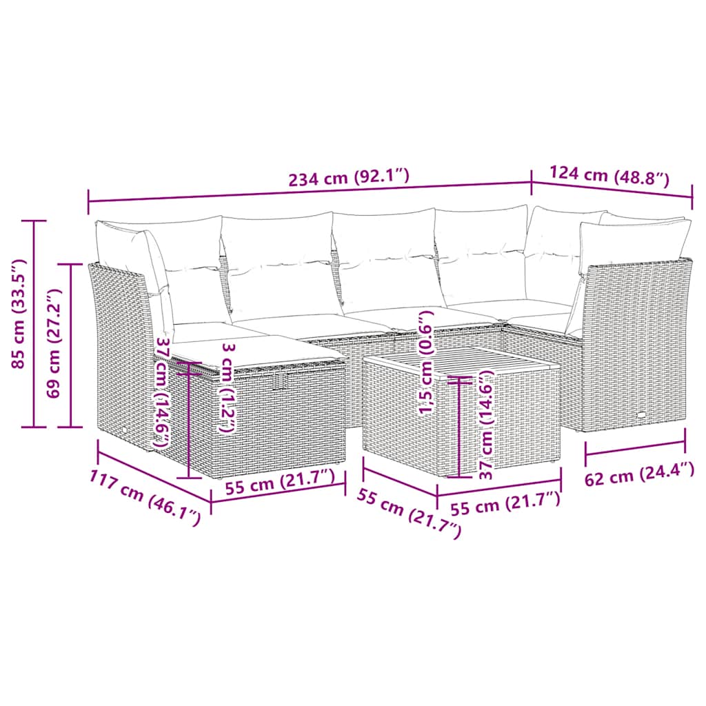 7 pcs conjunto sofás p/ jardim c/ almofadões vime PE cinzento