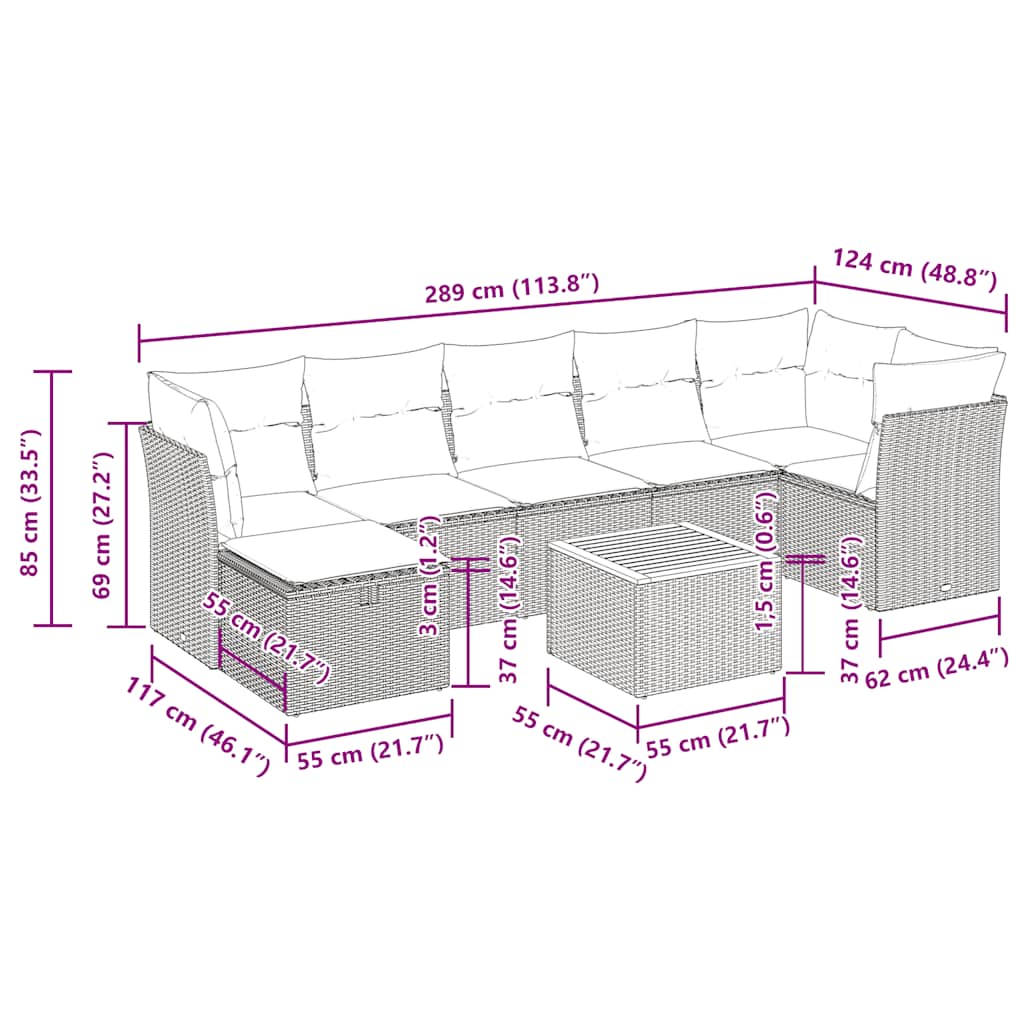 8 pcs conjunto sofás de jardim c/ almofadões vime PE cinzento