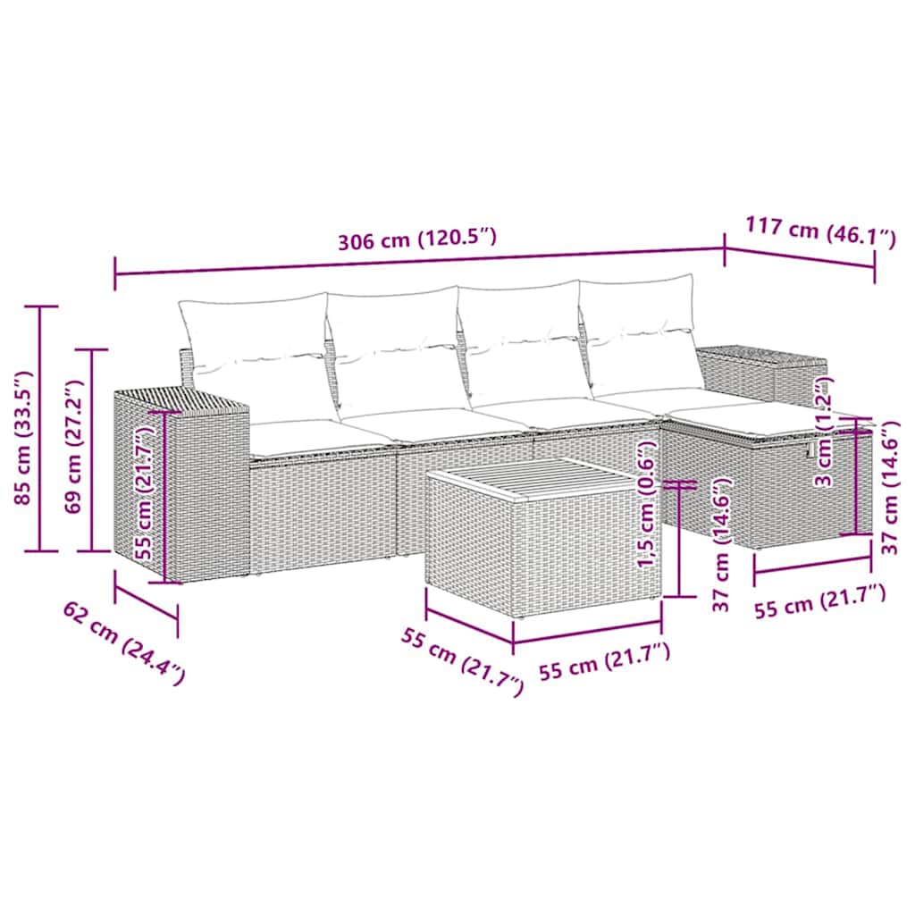 6 pcs conjunto sofás de jardim com almofadões vime cinzento