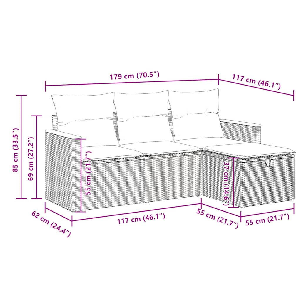 4 pcs conjunto de sofás para jardim c/ almofadões vime PE preto