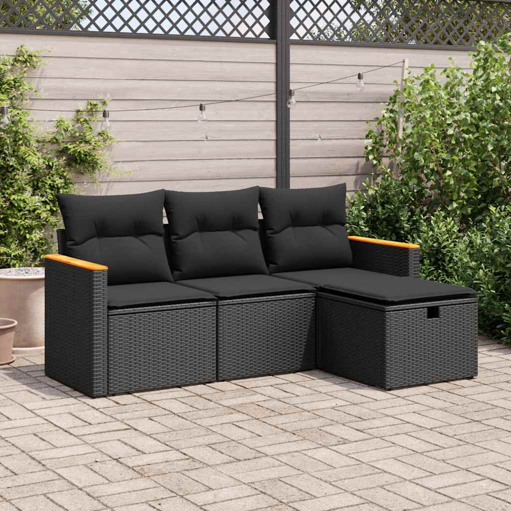 4 pcs conjunto de sofás para jardim c/ almofadões vime PE preto
