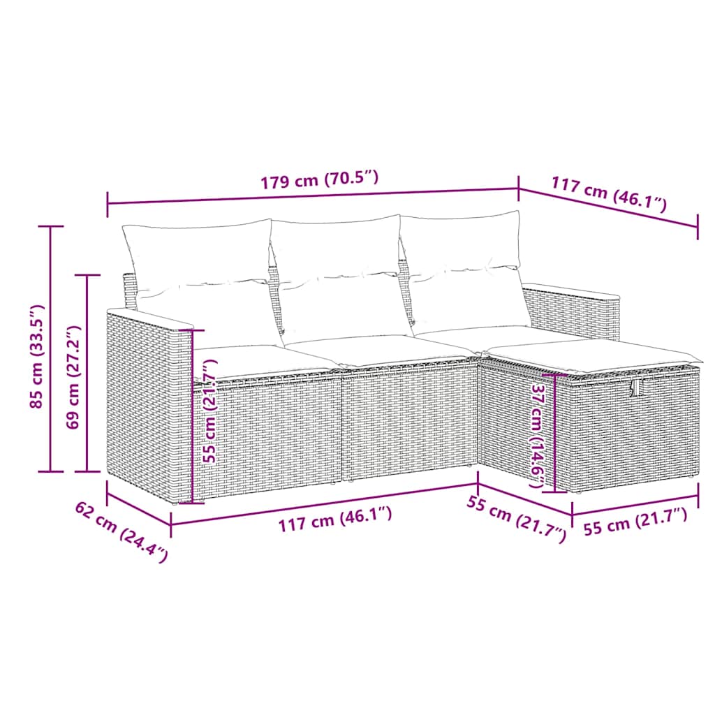 4 pcs conjunto sofás de jardim c/ almofadões vime PE cinzento